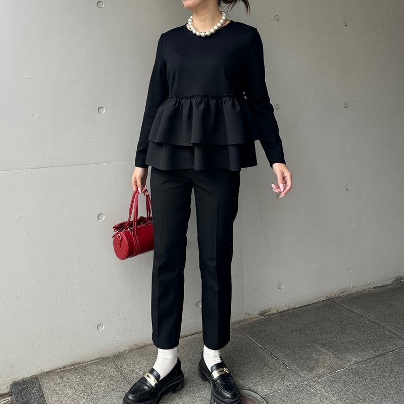 1-128 黒 長袖 Wフリルペプラムトップス M | capriciousmie