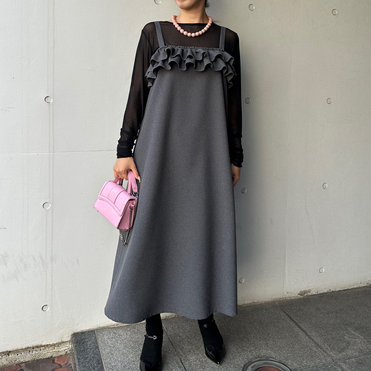 2-014 グレー W胸フリルワンピース ロング XL | capriciousmie