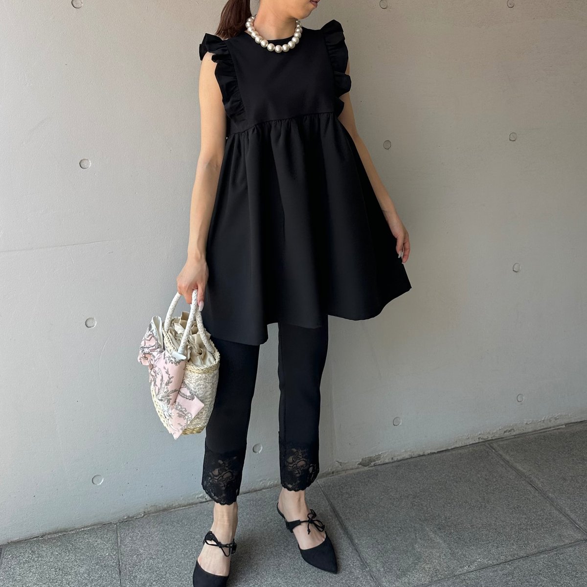 5-094 黒ドッキング 肩フリルチュニック M | capriciousmie