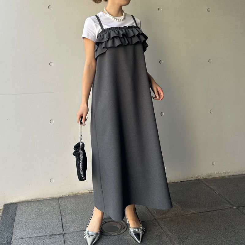 6-102 グレー W胸フリルワンピース ロング XL | capriciousmie