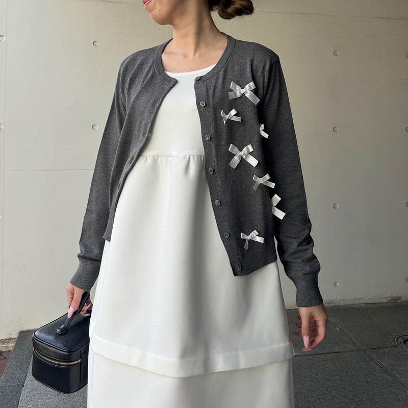 2-067 グレー×白 リボンカーディガン L | capriciousmie