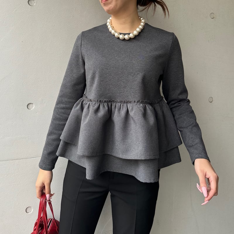1-160 グレー 長袖 Wフリルペプラムトップス L | capriciousmie