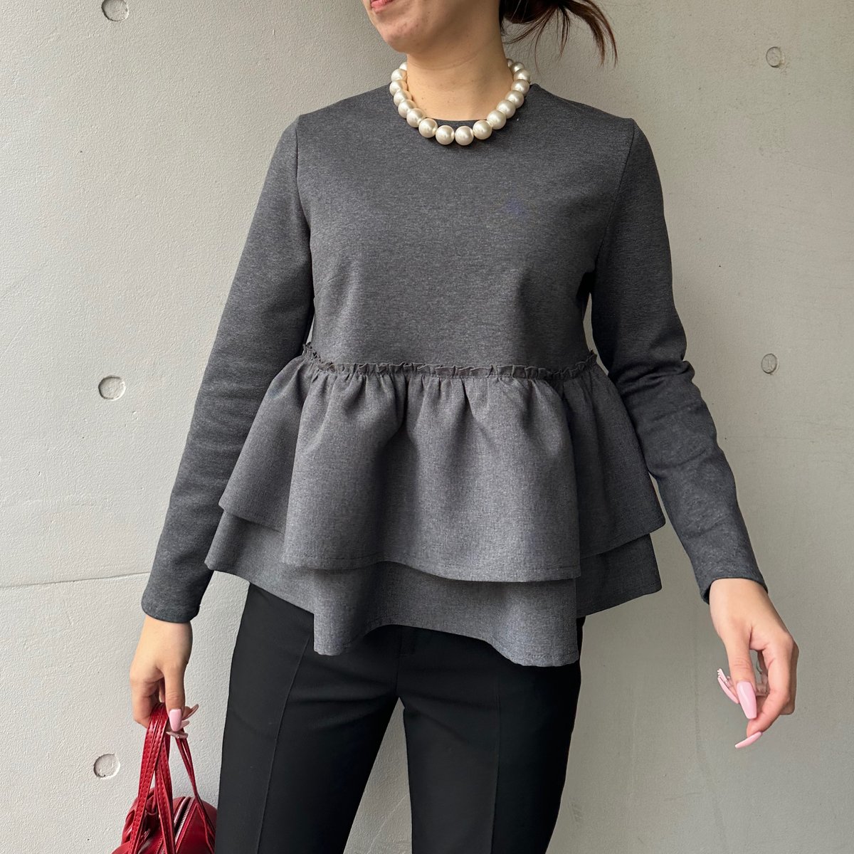 1-160 グレー 長袖 Wフリルペプラムトップス L | capriciousmie
