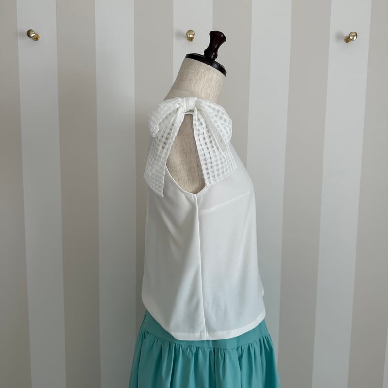 8-103 白×チェック 肩リボントップス M | capriciousmie