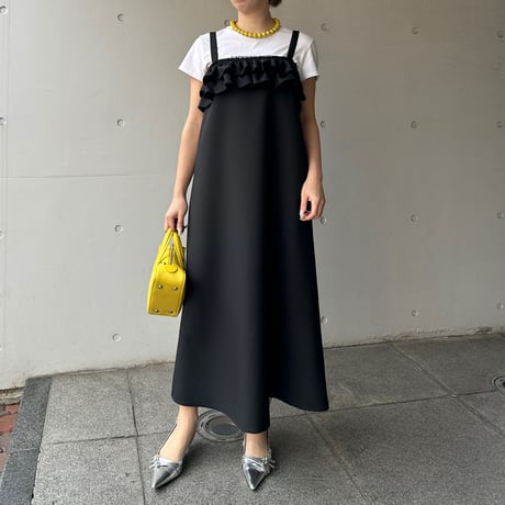 6-103    黒　Ｗ胸フリルワンピース　ロング　Ｍ