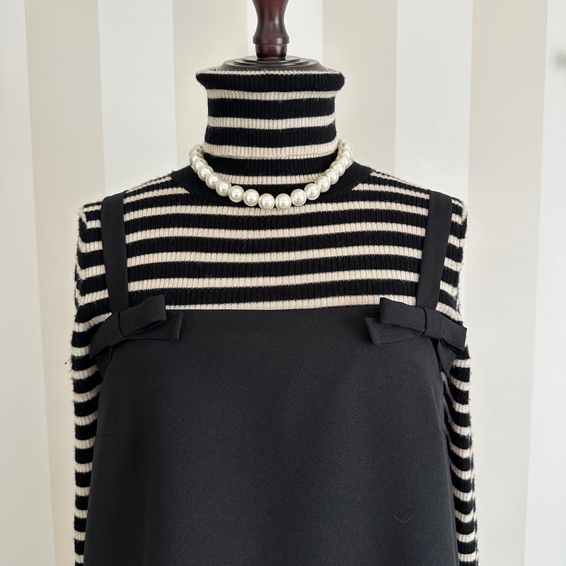 2-017 黒 Wミニリボンワンピース ロング L | capriciousmie