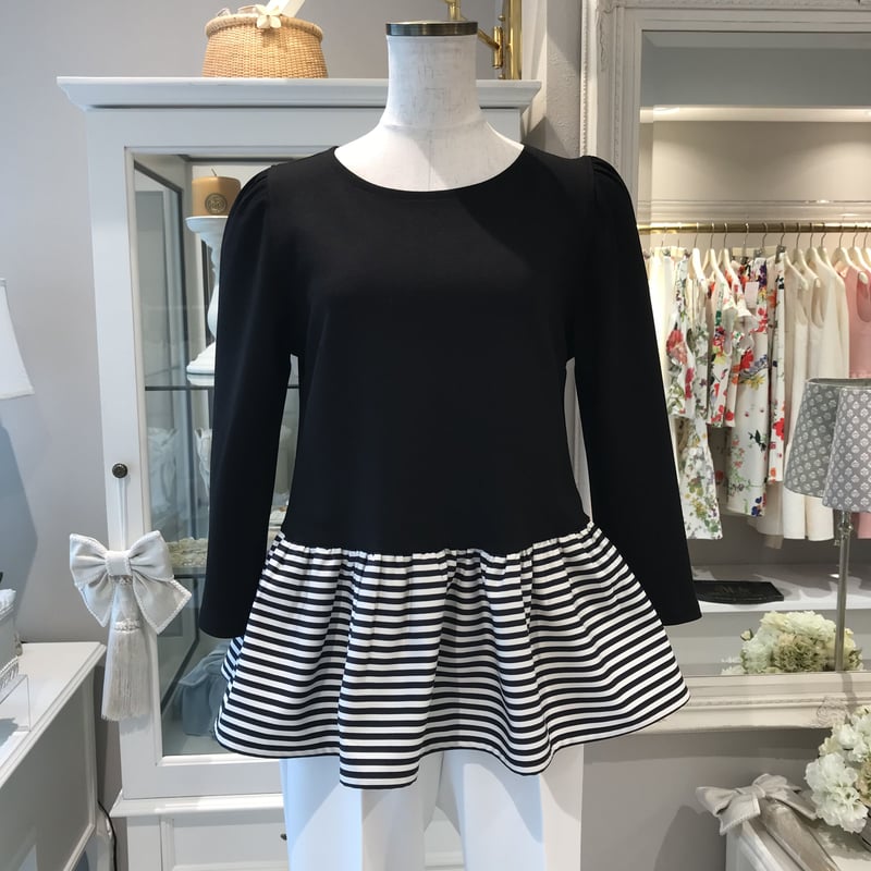 ボーダーズアットバルコニー　ペプラムトップス　ジャガード　パフスリーブ　黒 38 BORDERS at BALCONY（ボーダーズアットバルコニー） ブラウス シャツ