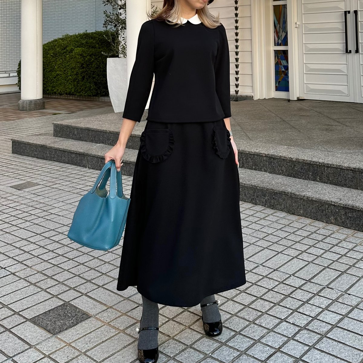 4-078 黒ハニカム 白襟 七分トップス ファスナー M | capriciousmie