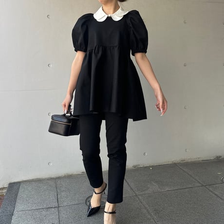 5-106   黒杢　半袖TOMOペプラムトップス　長め　ＸＬ