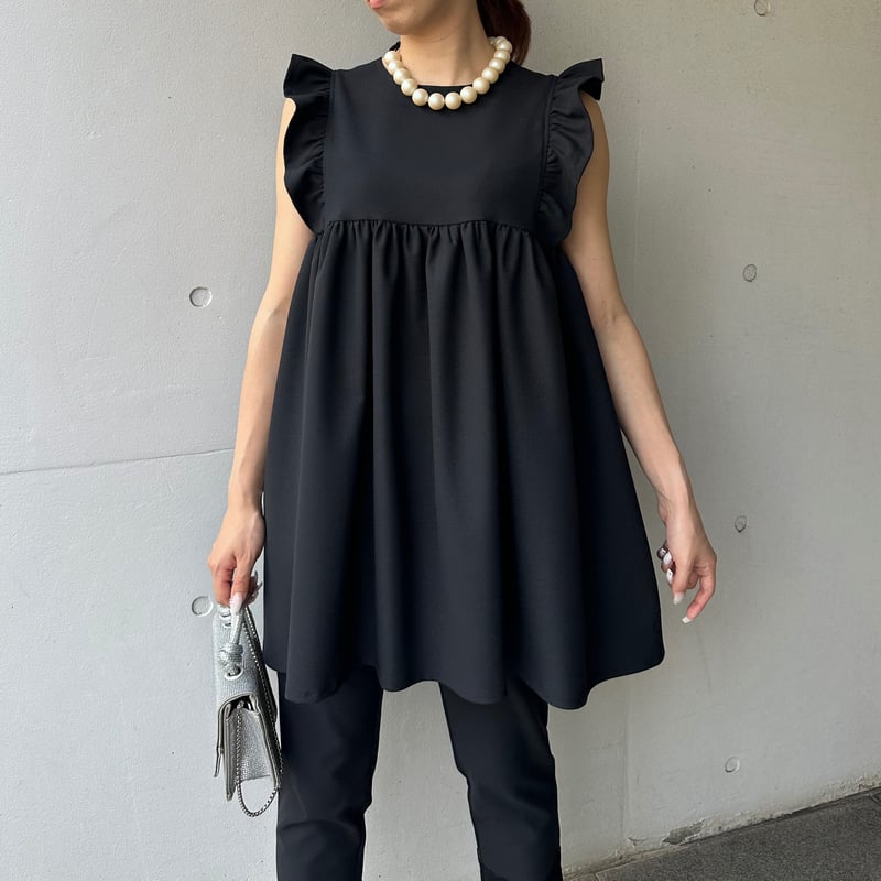 5-109 黒 肩フリルチュニック M | capriciousmie