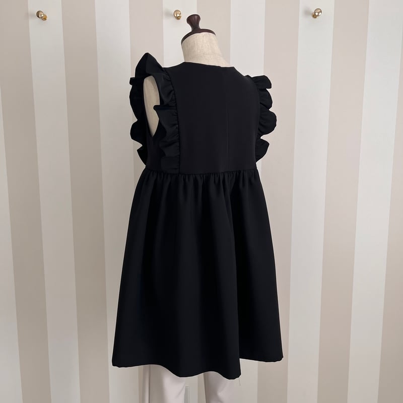 5-094 黒ドッキング 肩フリルチュニック M | capriciousmie