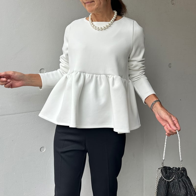 9-113 白 長袖ペプラムトップス アシメ M | capriciousmie