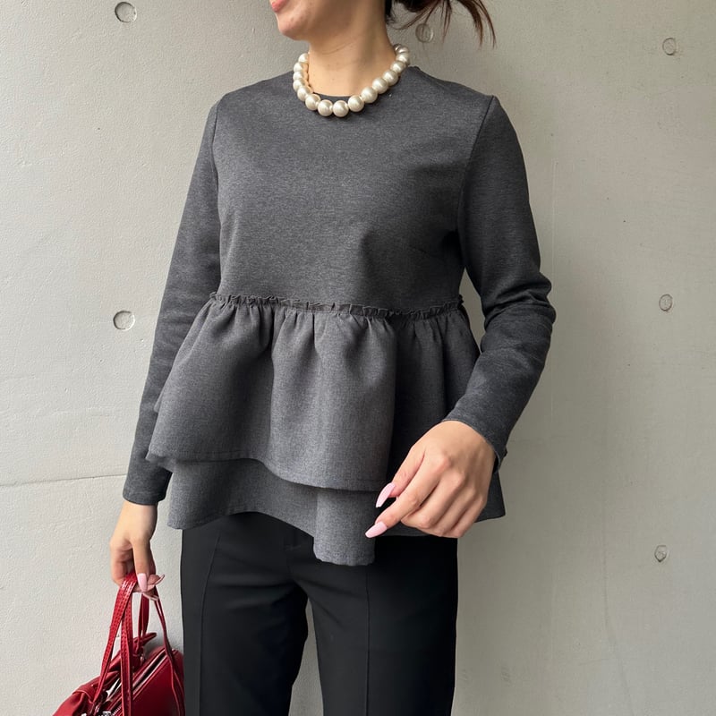 1-161 グレー 長袖 Wフリルペプラムトップス XL | capriciousmie