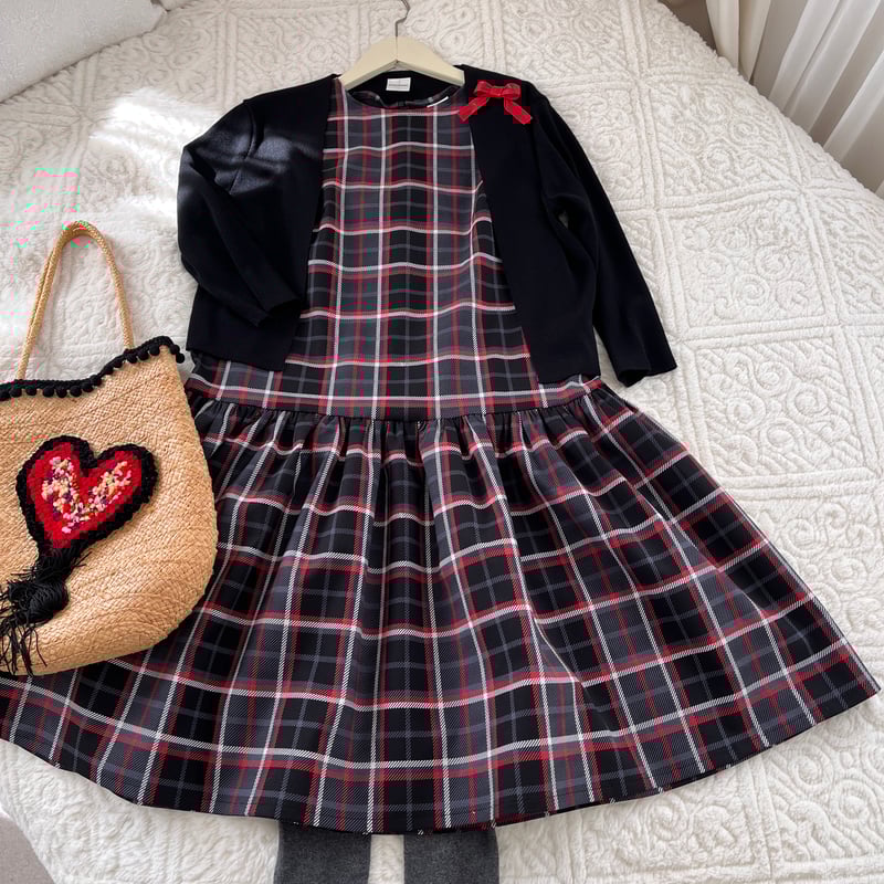 2-088 赤タータンチェック フリルワンピース ファスナー M | capric