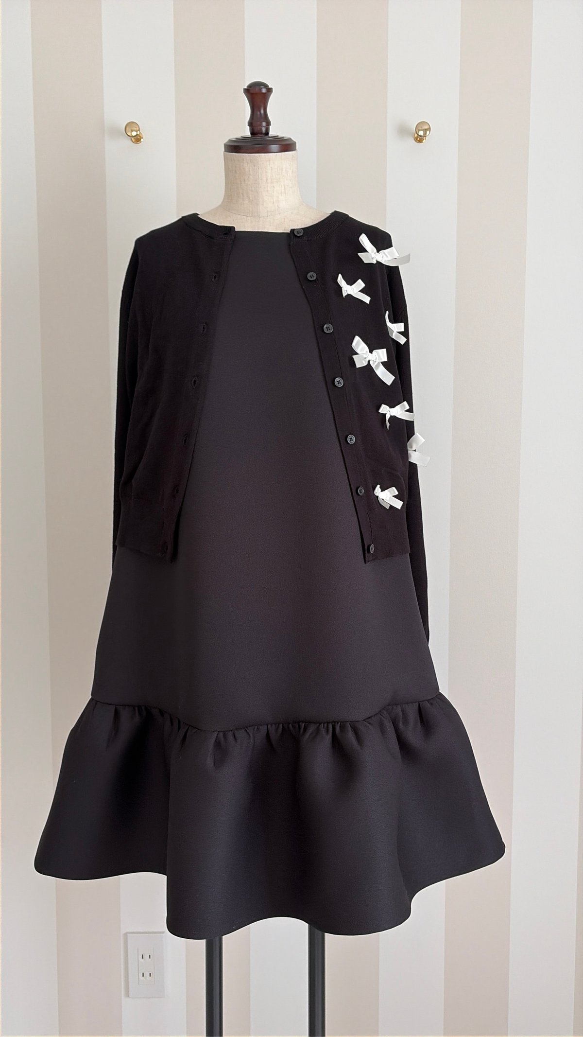 2-065 黒×白 リボンカーディガン L | capriciousmie