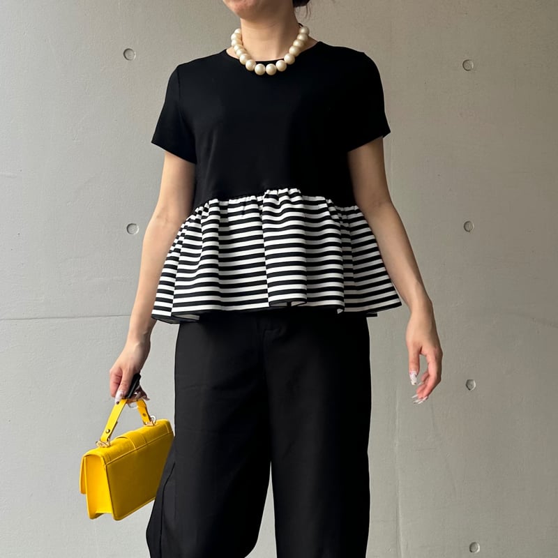 5-055 黒×ボーダー 半袖ペプラムトップス M | capriciousmie