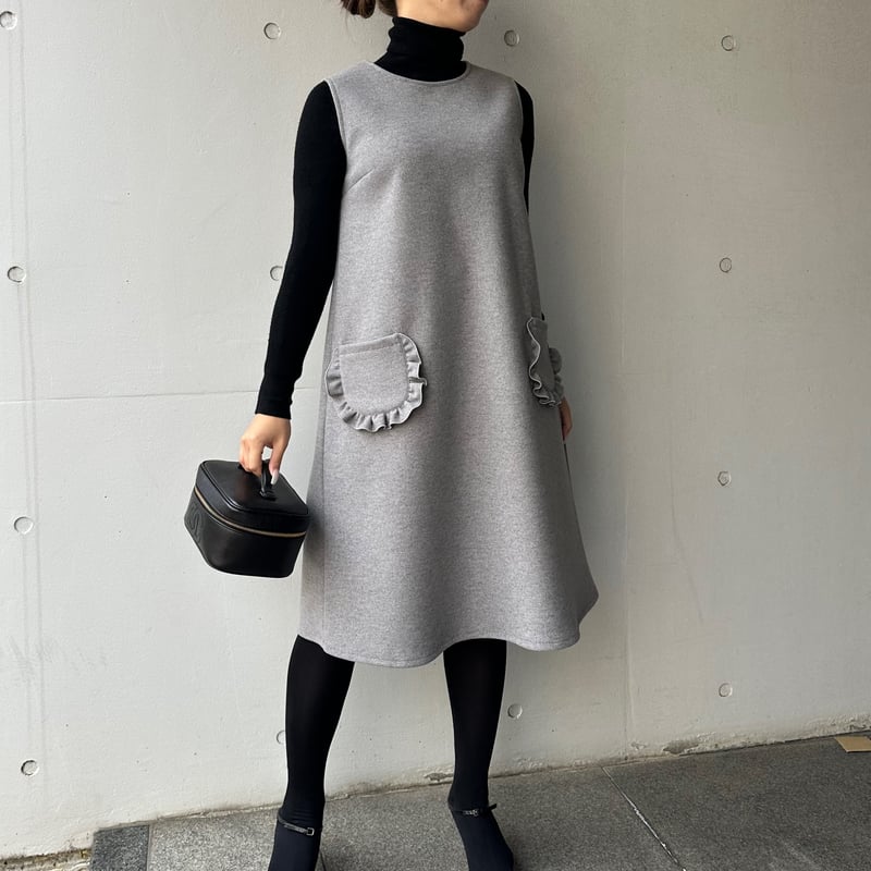 12-050 グレーウール風 フリルポケットワンピース L | capriciousmie 12-050 グレーウール風 フリルポケットワンピース L | capriciousmie