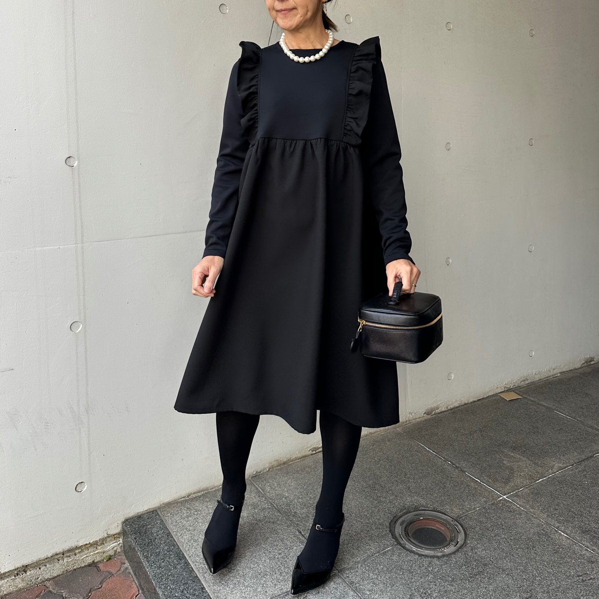 極美品♡ルネ♡肩フリル ワンピース 12-081 黒 長袖肩フリルワンピース L | capriciousmie