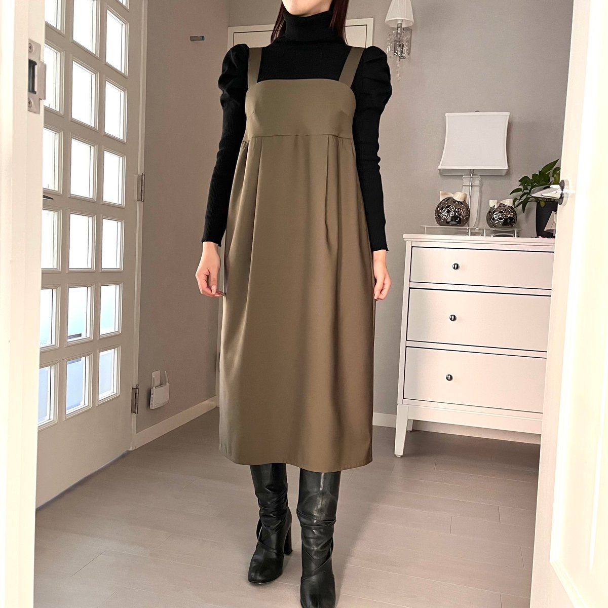 1-048 カーキ タックキャミワンピース ロング L | capriciousmie