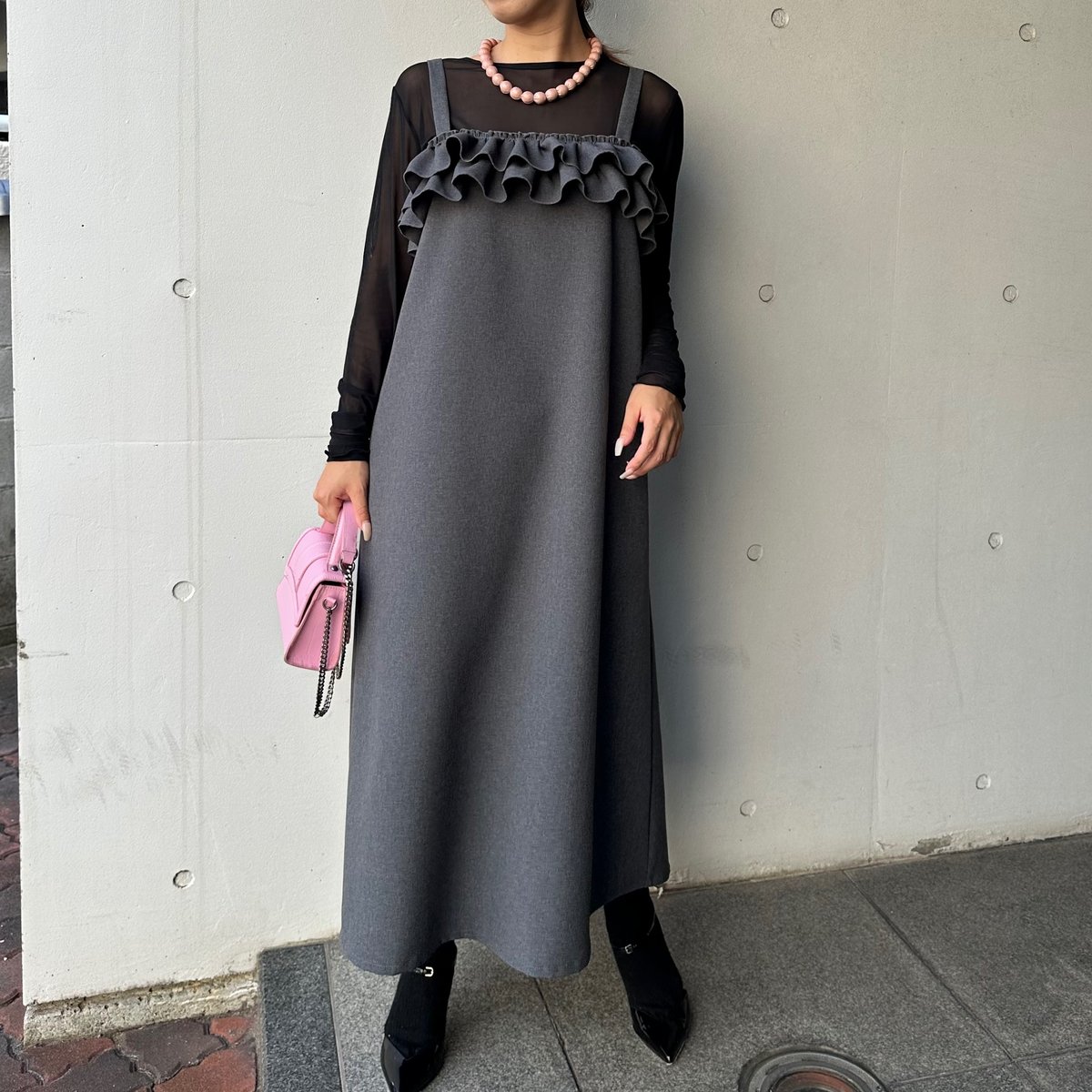 10-022 グレー W胸フリルワンピース ロング L | capriciousmie