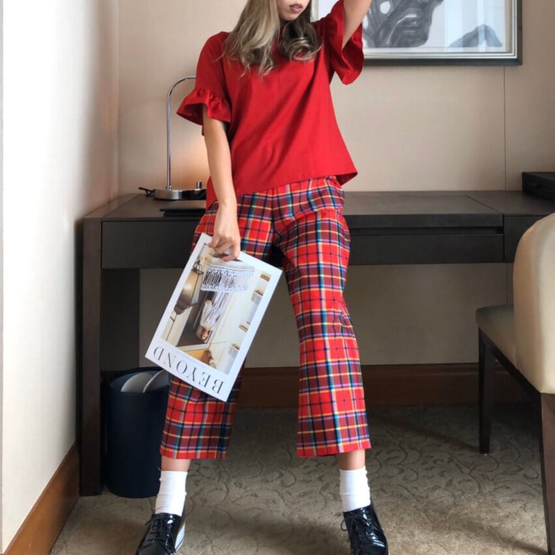 10-127 赤タータンチェック ロングパンツ フリー(M) | capriciousmie