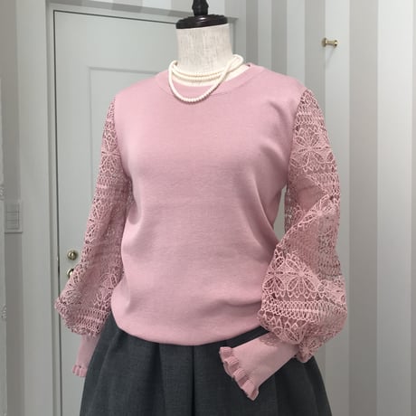 1-191  ピンク　袖レースセーター　ＭＬ   セレクト商品