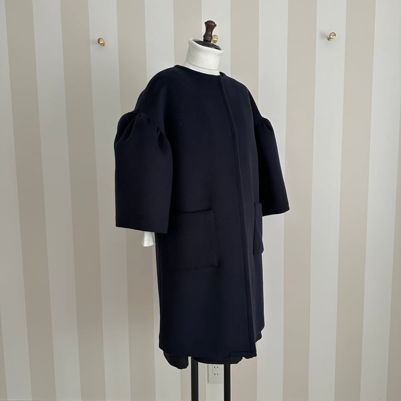 ささみちゃん　　縮絨ウール　ワイドコート　ネイビー 1-008 ネイビーウール×ドット MOMO フリー | capriciousmie