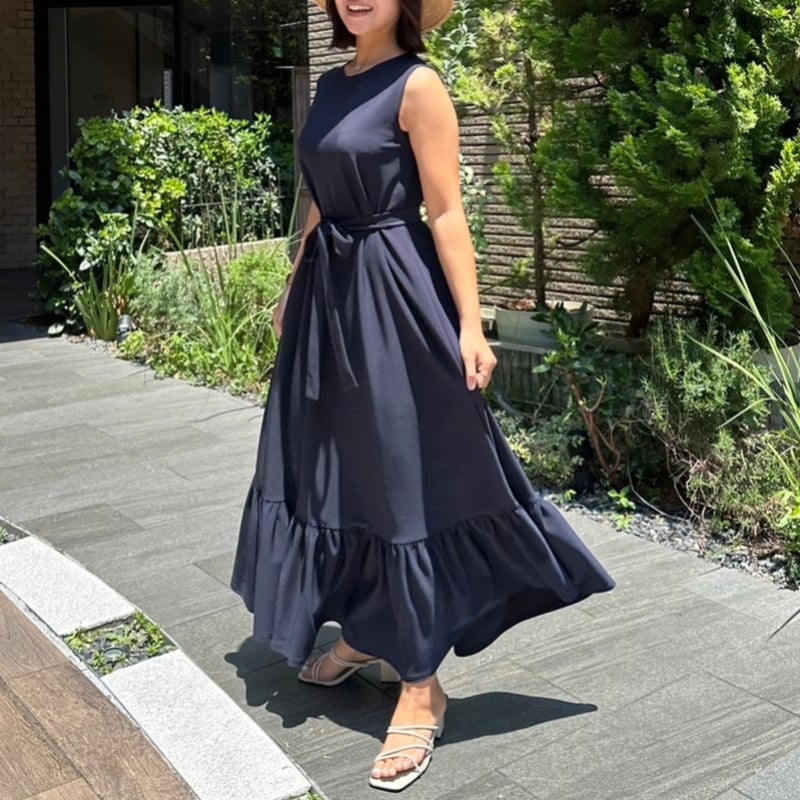 6-131 ネイビー リボンベルトワンピース M | capriciousmie