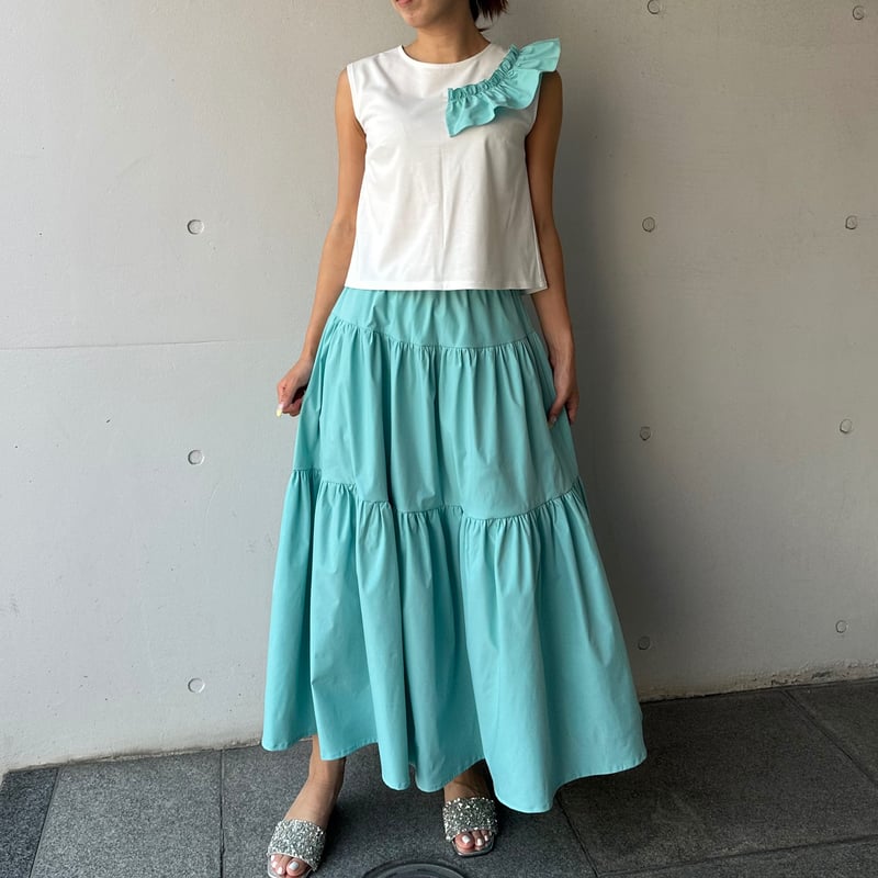 8-089 ティファニーブルー ティアードスカート ロング フリー(M