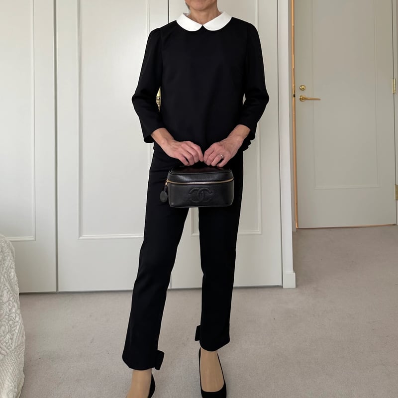 4-078 黒ハニカム 白襟 七分トップス ファスナー M | capriciousmie