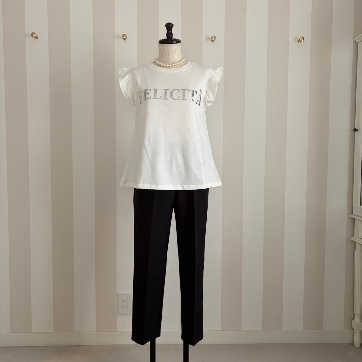 ホワイト フリル袖 Tシャツ セットアップ 5-004 白×シルバー 袖フリルTシャツ ML セレクト商品 | capricio
