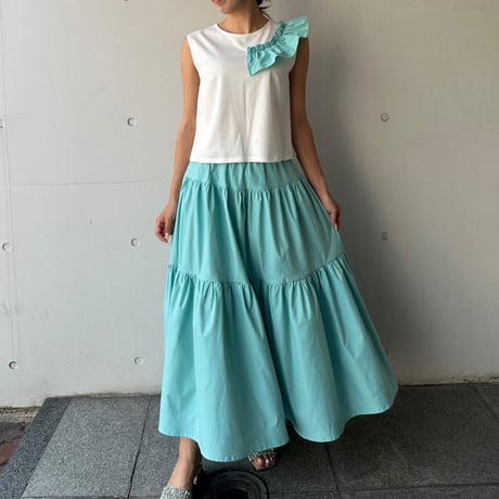 6-160    白×ティファニーブルー　肩フリルトップス　Ｌ