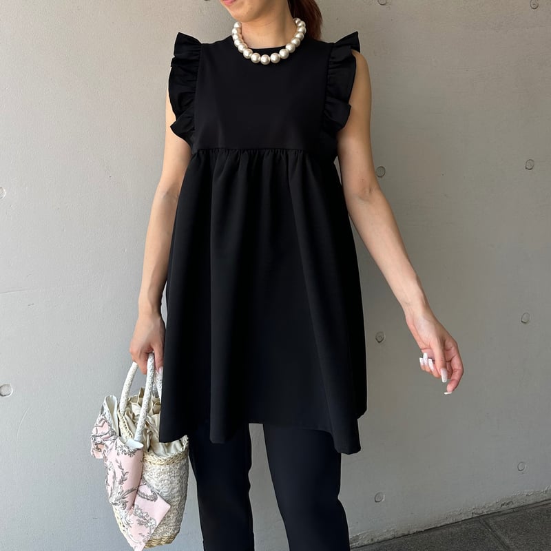 5-094 黒ドッキング 肩フリルチュニック M | capriciousmie