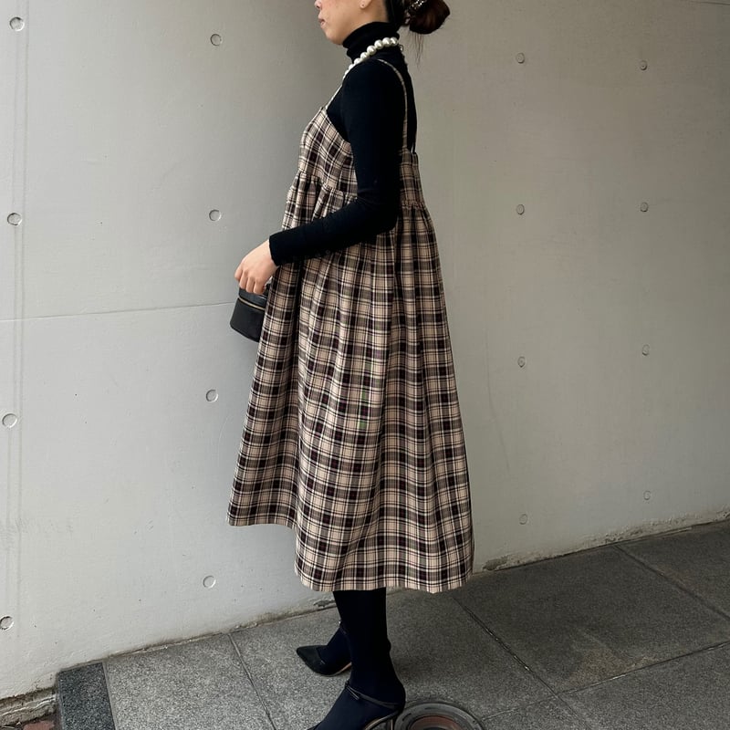 2-018 ベージュチェック キャミギャザーワンピース M | capriciousmie