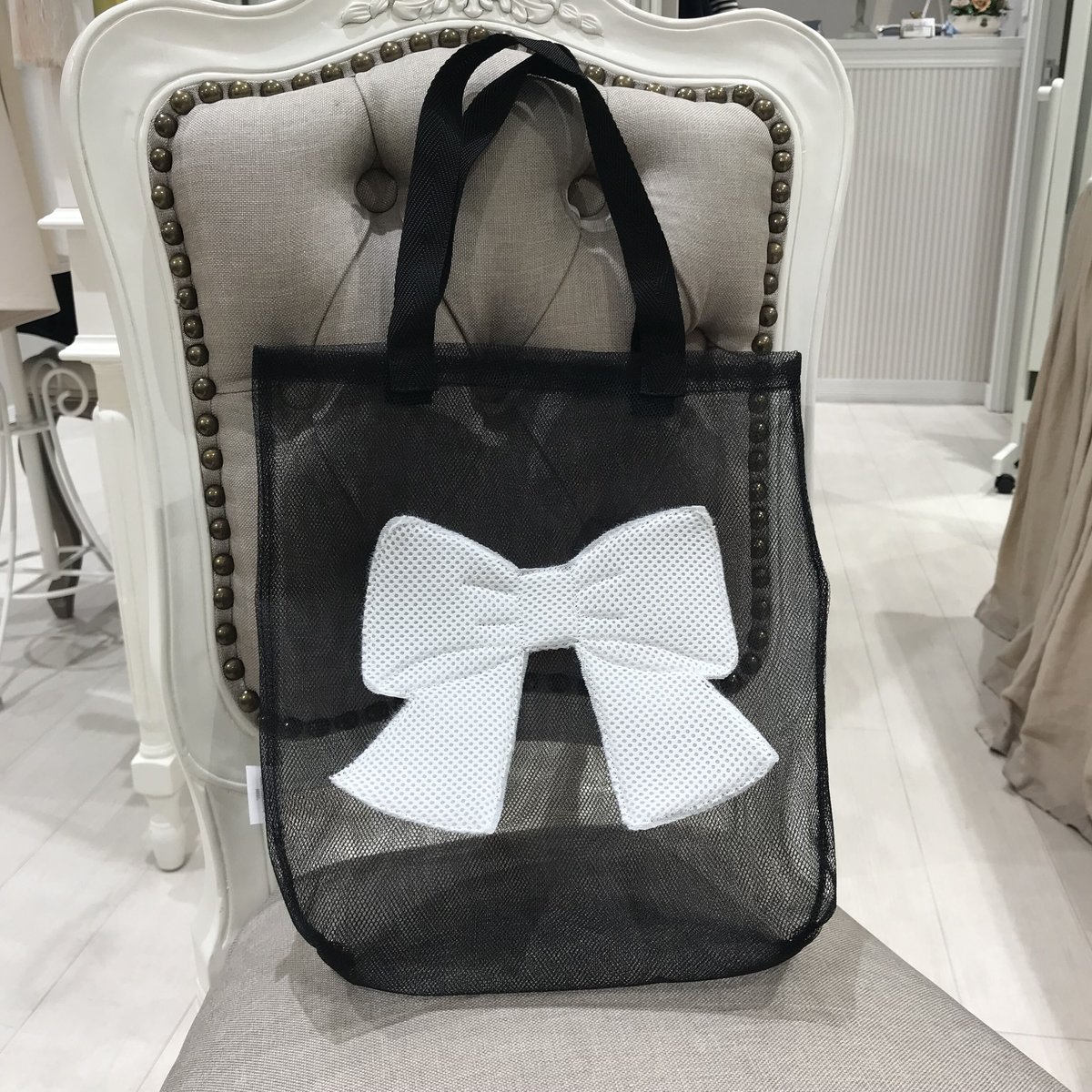 9-224 黒×白リボン メッシュバッグ M | capriciousmie