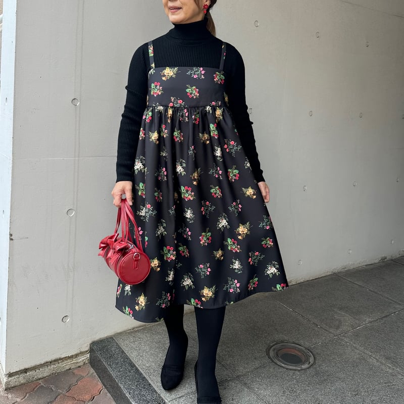 1-158 黒ブーケ キャミギャザーワンピース L | capriciousmie