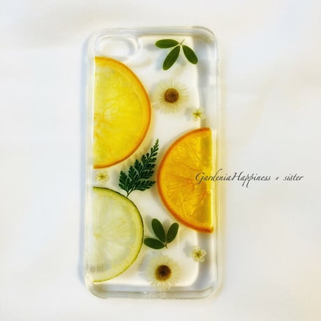 【在庫あり】オレンジ&押し花の爽やかスマホケース iPhoneケース