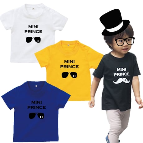 MINI　PRINCE　男の子ベビーTシャツ（サングラス）文字ブラック