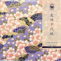 京染友禅千代紙　15㎝　同柄５枚入　扇面桜花　藤紫