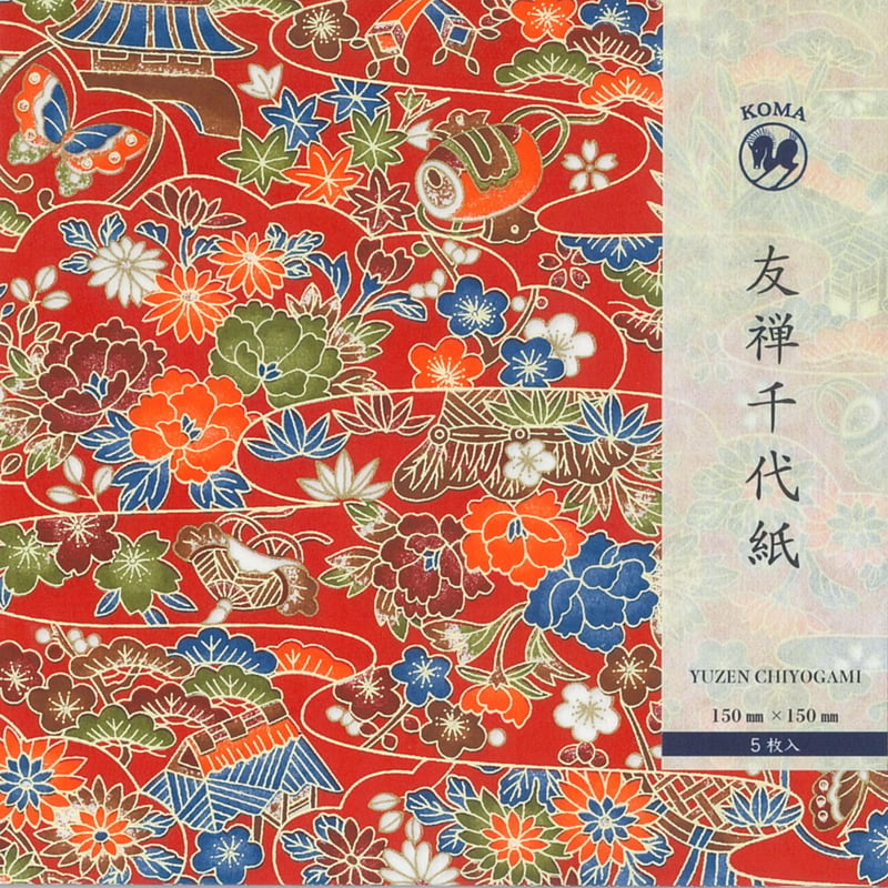 京染友禅千代紙 15㎝ 同柄5枚入 原風景 赤 | おりがみ屋さんドットコム