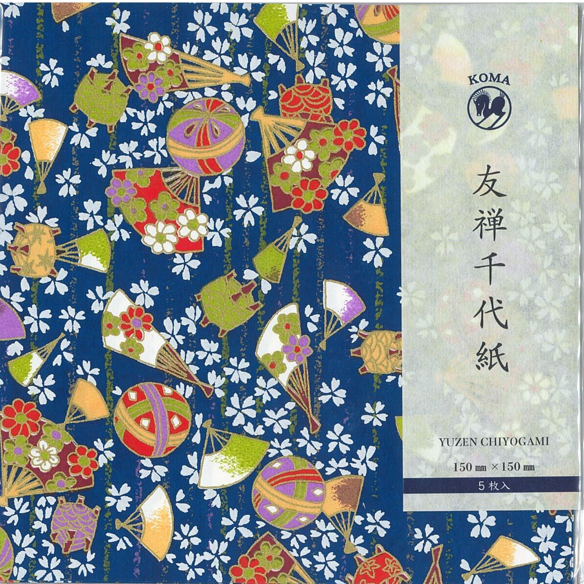 京染友禅千代紙 15㎝ 同柄5枚入 扇鞠 青 | おりがみ屋さんドットコム