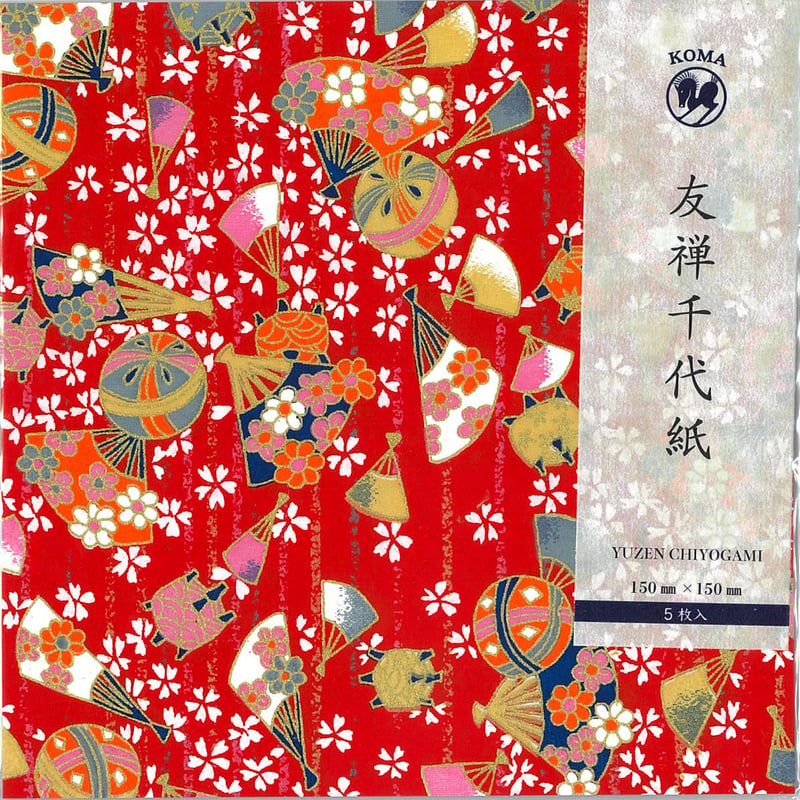【赤系①〜⑥全65種】友禅紙柄紹介vifdrop 京染友禅千代紙 15㎝ 同柄5枚入 扇鞠 赤 | おりがみ屋さんドットコム