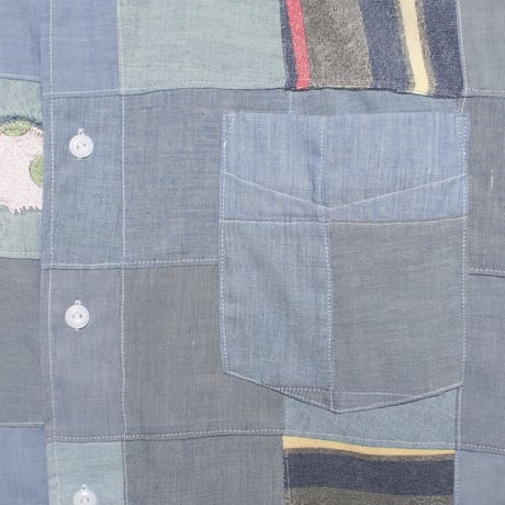 Used patchwork drop shoulder shirt / Sax shambray