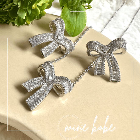 【2set】Baguette cut zirconia ribbon pierce &necklace