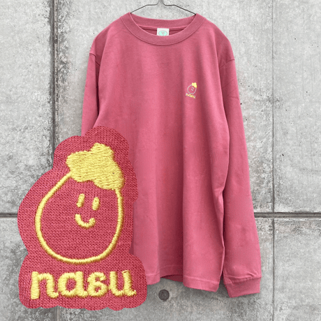 ナスの刺繍ロンT レッド（Eggplant Embroidery Long Sleeve T-shirt Red）