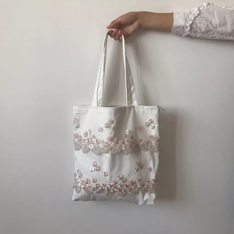 チュール レースビーズ 刺繍トートバッグ エコバッグ ナチュラル 