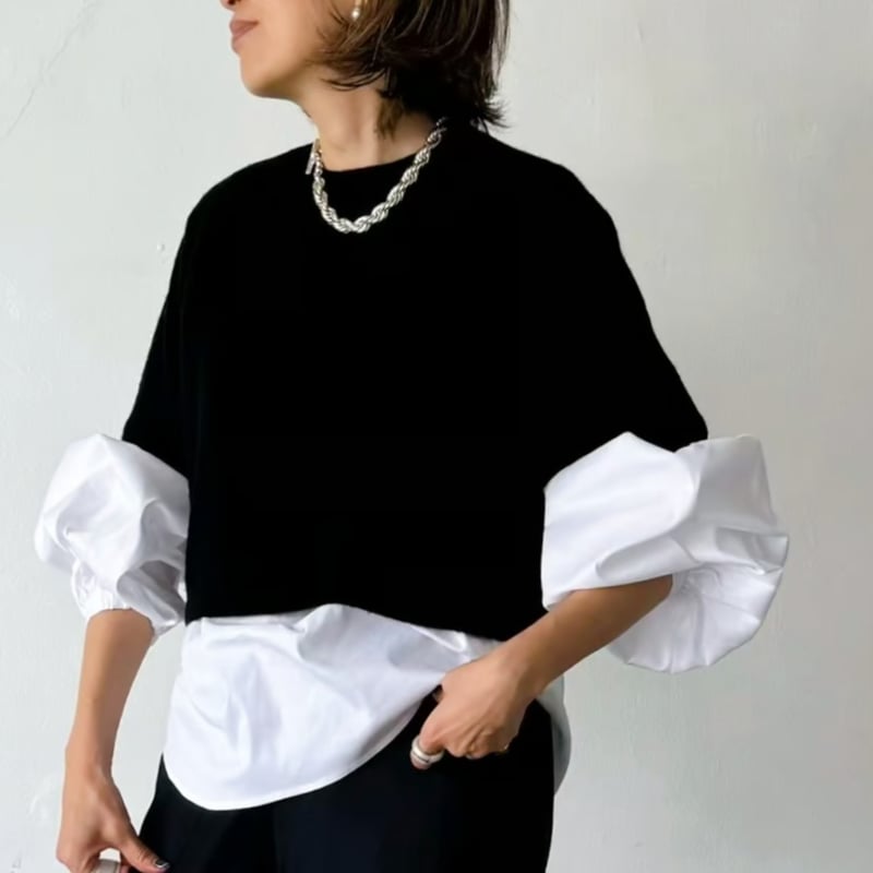 avec deuxclefs クロップドハーフスリーブニット navy avec deuxclefs クロップドハーフスリーブニット navy