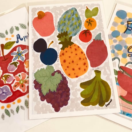ポストカード3枚セット（花とりんご、いろいろフルーツ、季節のおいしいもの）