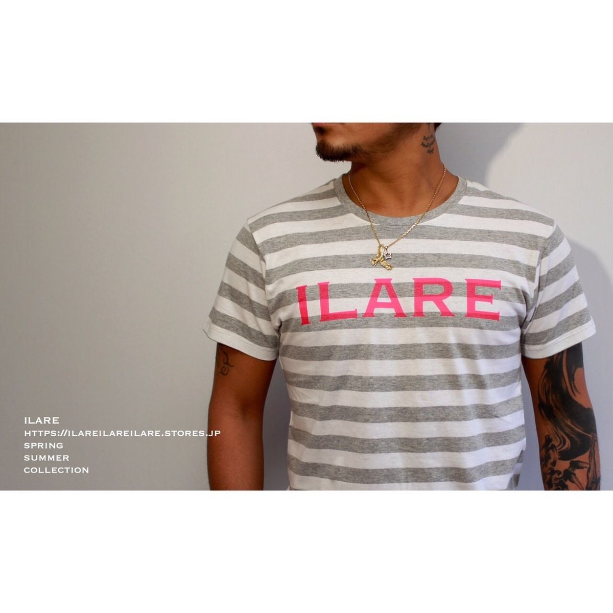 Tシャツ・カットソー No.0580 logo pigment T (3color) ボーダーネオンカラーロゴTシャツ/グレー×ピンク | ILARE -イラーレ-