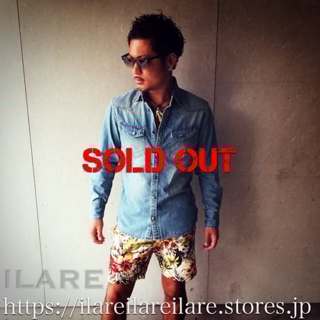 スラブデニム ウエスタンシャツ/ランダムメタルコンチョ/バイオブリーチ